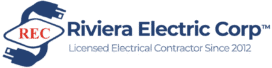 Logo of Riviera Electric Corp™ with blue plug symbol and the tagline "Licensed Electrical Contractor Since 2012"